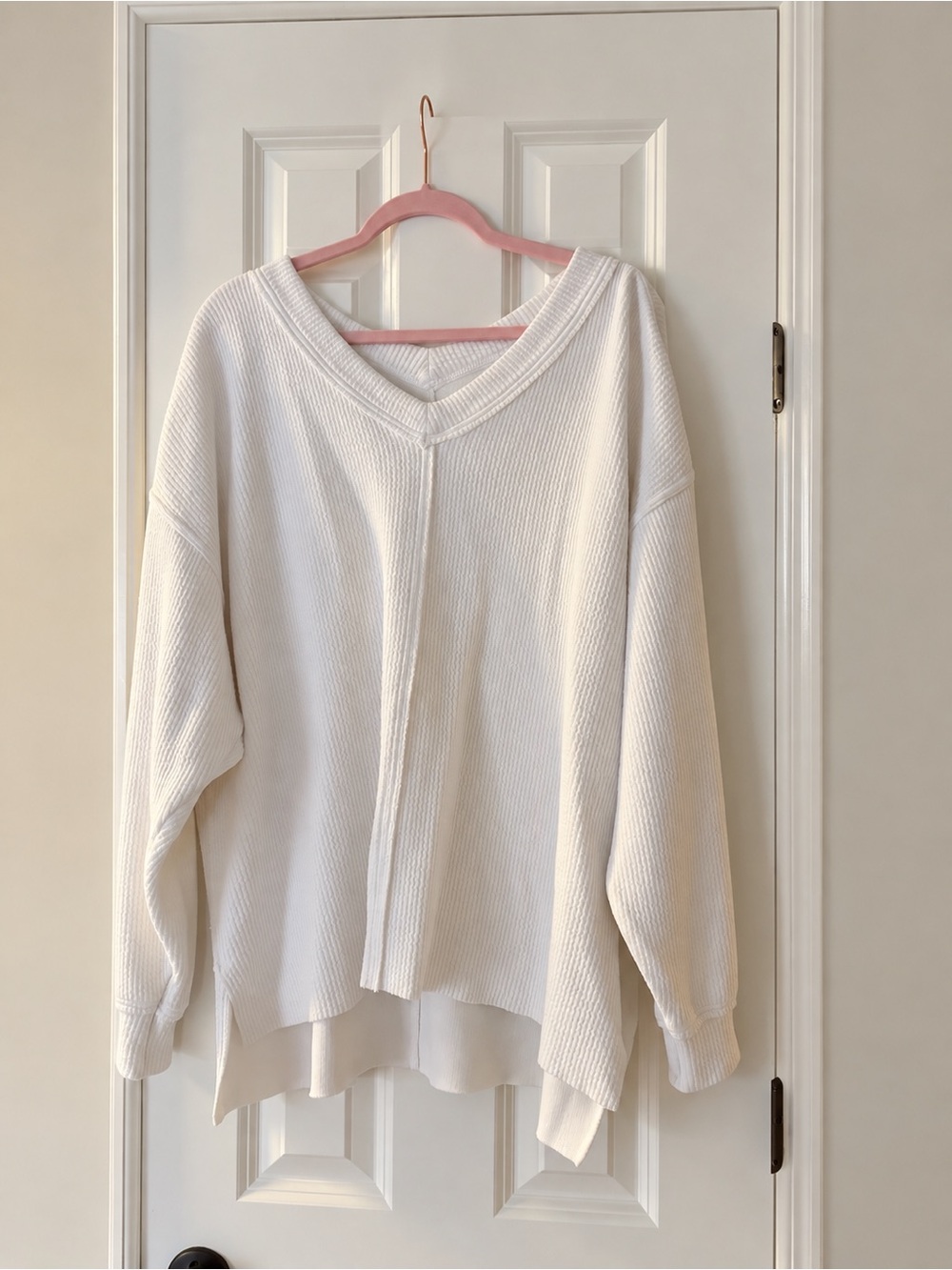 Aerie Wonder Textured Oversized V-Neck Waffle Sweatshirt White L